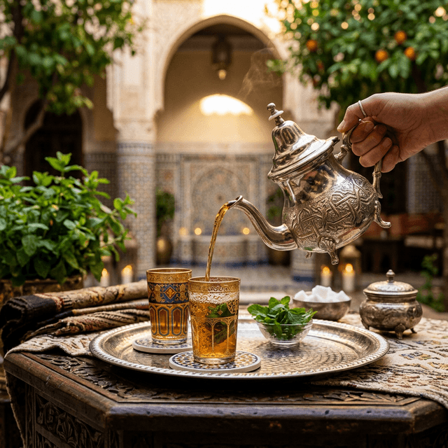 Thé à la menthe versé dans un verre doré — ambiance marocaine authentique